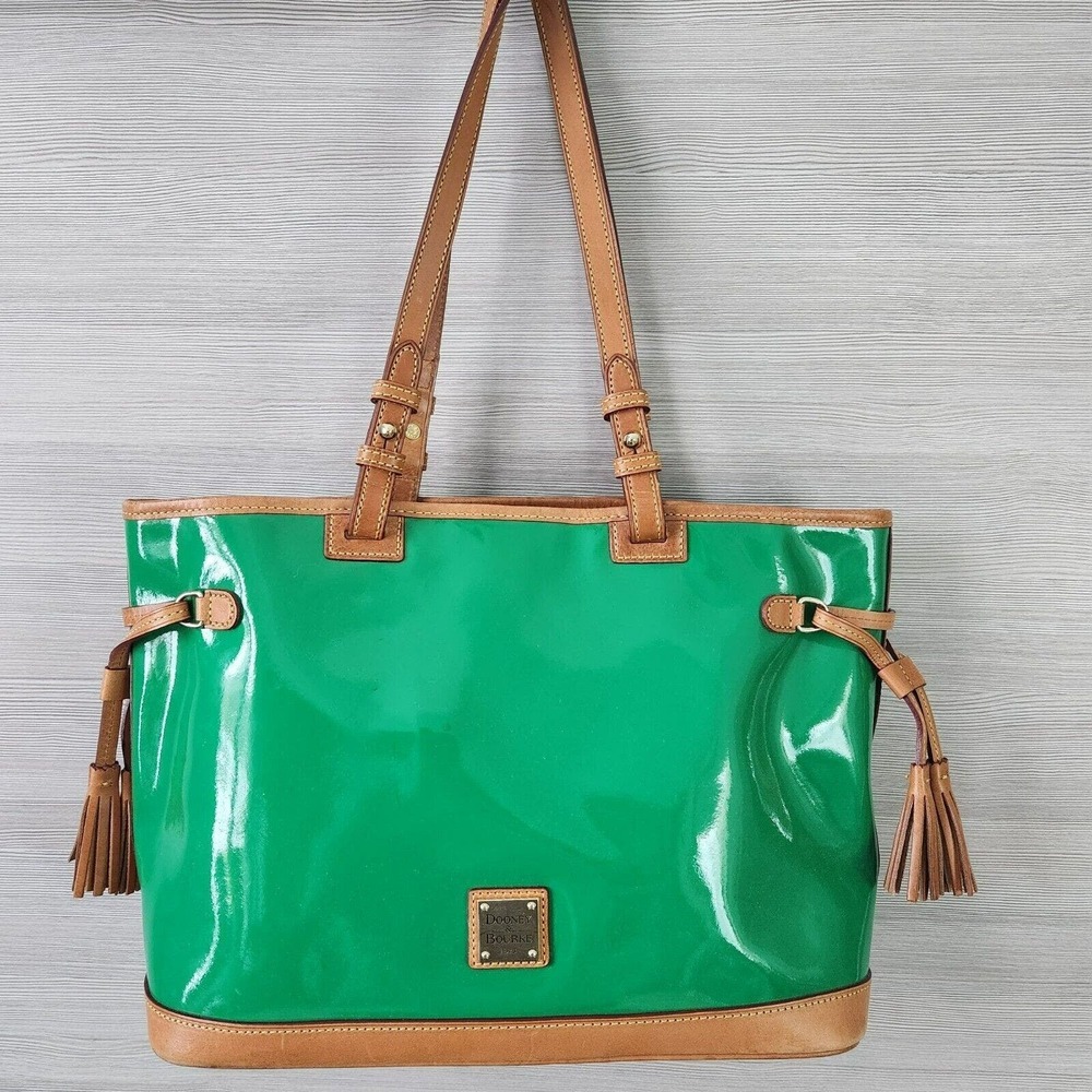 Dooney &‎ Bourke Double Strap Shoulder Tassel Bag Green Patent Leather Purse